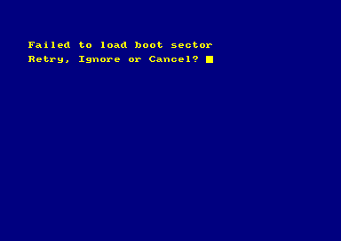 [Picture showing 'Failed to load boot sector' error after '|CPM' command has been executed]